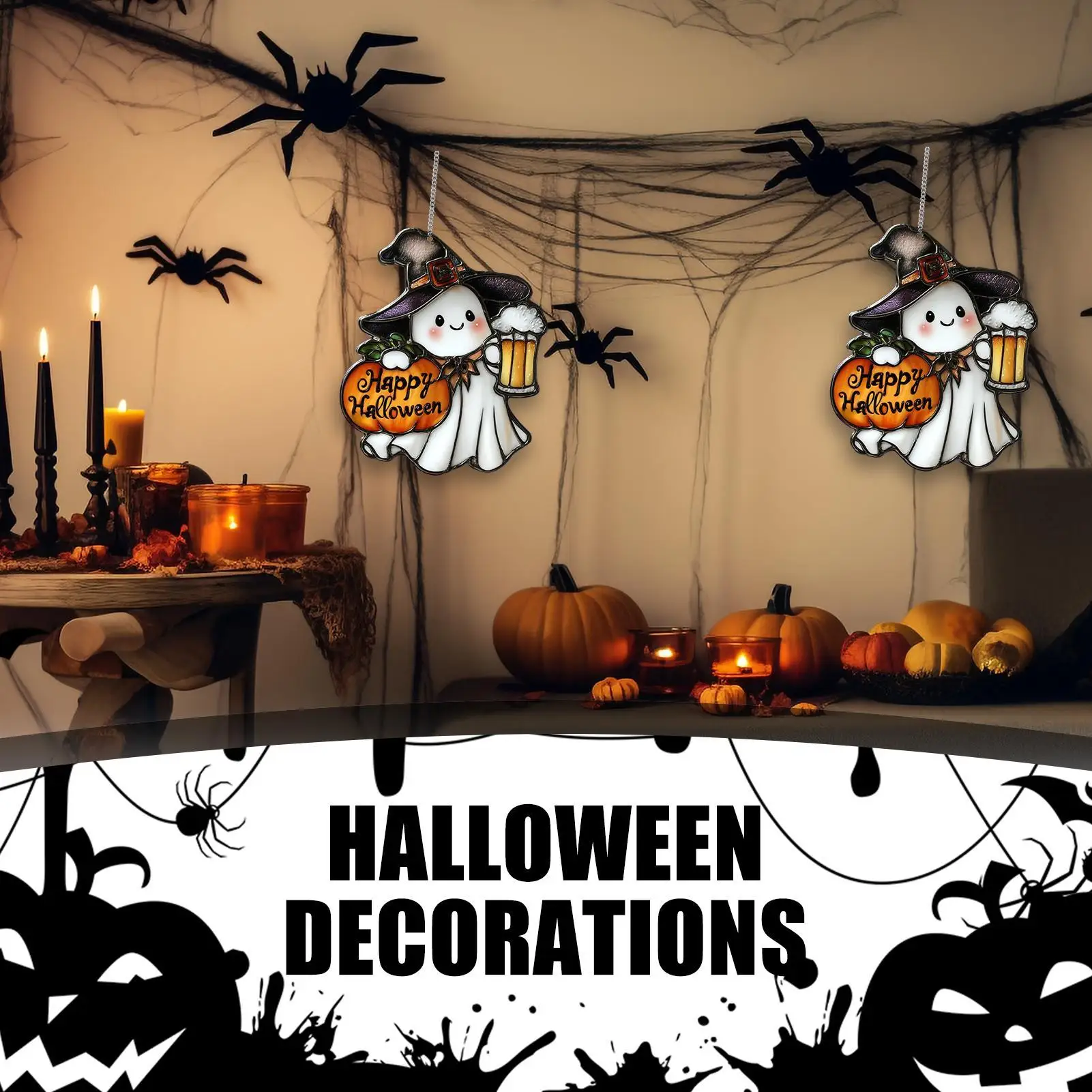 Ghost Stained Glass Ghost Halloween Tree Decorations 2D Cute Spooky Pendant Sun Catcher For Window Decor Indoor Outdoor Holiday
