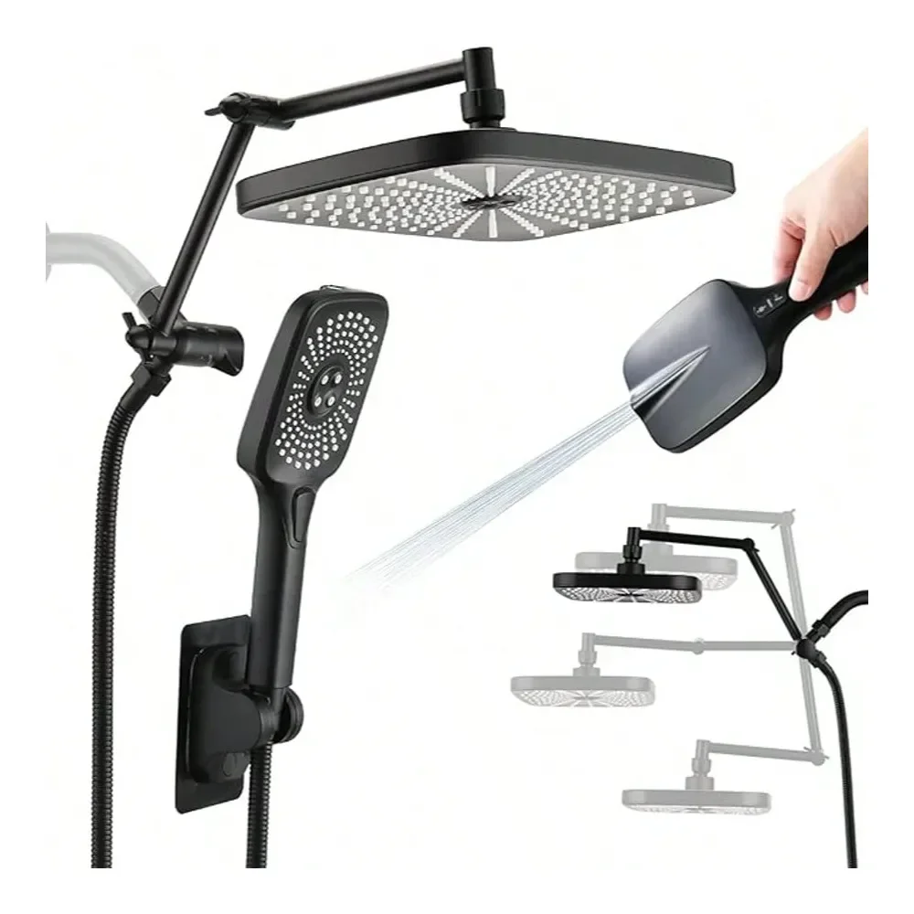 

Head 13 High Pressure Rainfall Shower Head Handheld Shower Combo With 9 Extension Arm, 9 Settings AntiLeak Head With Holder, Hei