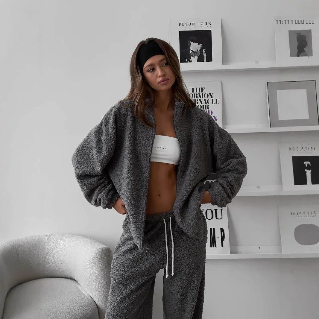 여성 스포츠 스웨트 셔츠 카디건 세트 스트리트 스타일 단색 로우 웨이스트 캐주얼 팬츠 가을 겨울 신상품