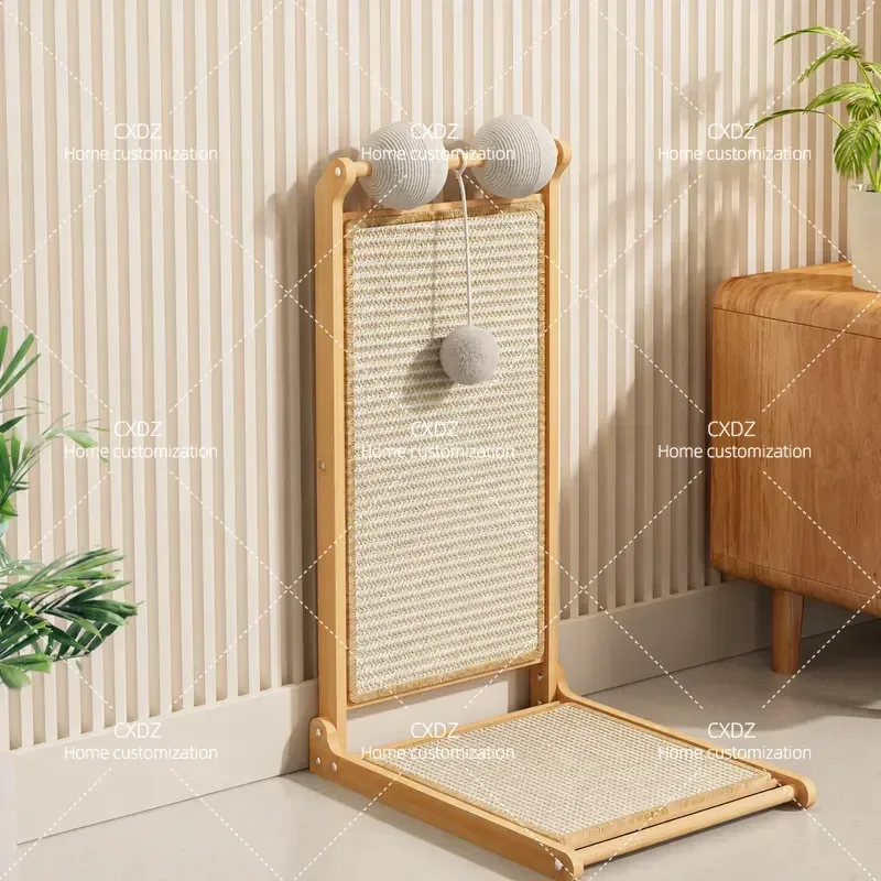 L Shape No Install Sisal Cat Scratching Board Wear Resistant Solid Wood Vertical Claw Post with Ball for Cats Grinding Toy