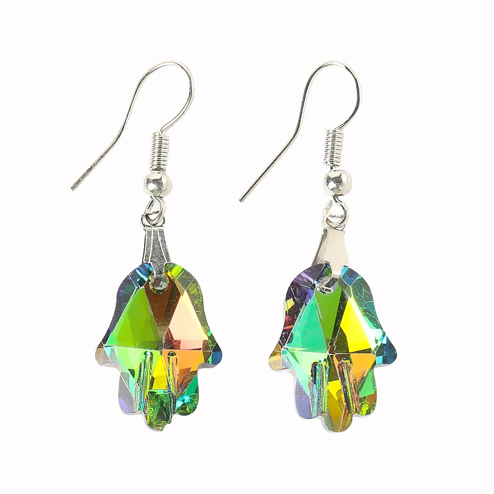 Rainbow Fatima Hand Crystal Glass Dangle Khamsah  Earring Aurora Muhammad Muslim Unisex Craft Amulet Lucky Healing Wicca Jewelry