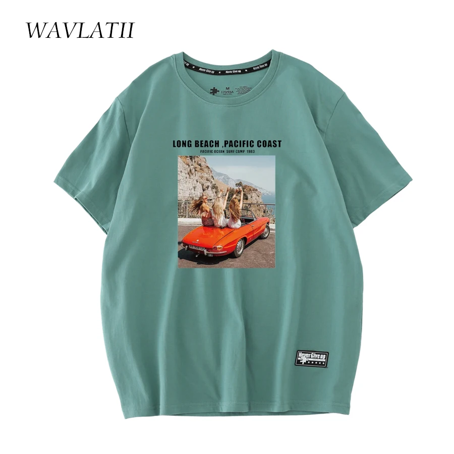 Wavlatii-女性用ピンクのホワイトプリントTシャツ,カジュアルで快適なサマートップ,ストリートウェア,新しいコレクションwt2232