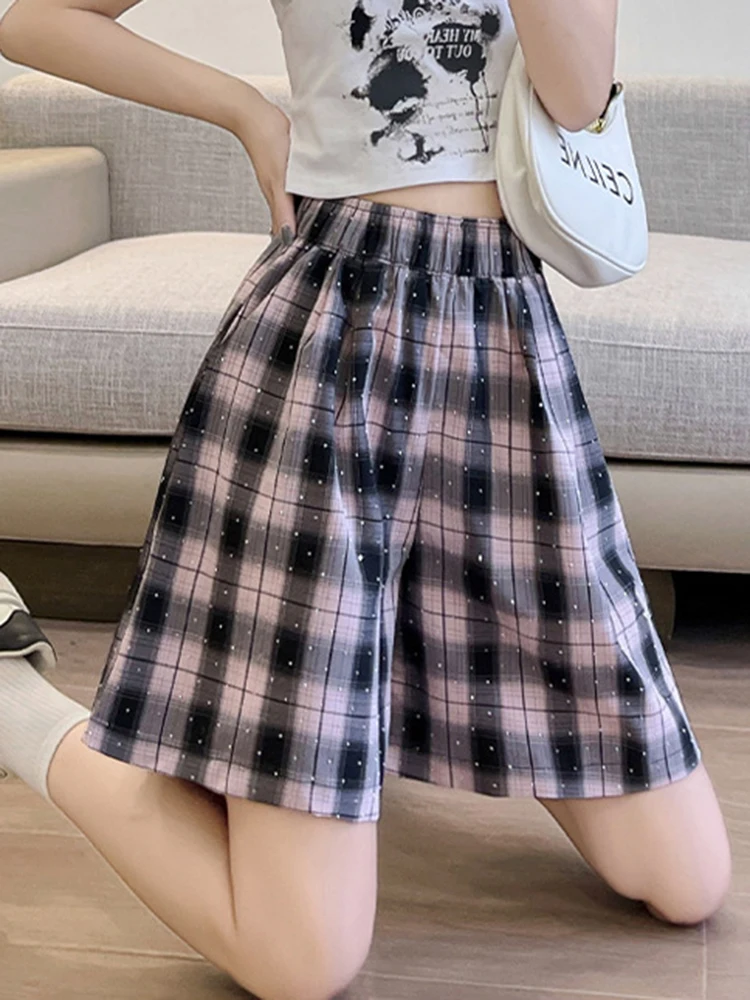 

Fashion Diamond Plaid Shorts Women High Waist Loose Wide Leg Shorts Summer Chic Sweet Preppy Style Female Cute Casual Shorts New