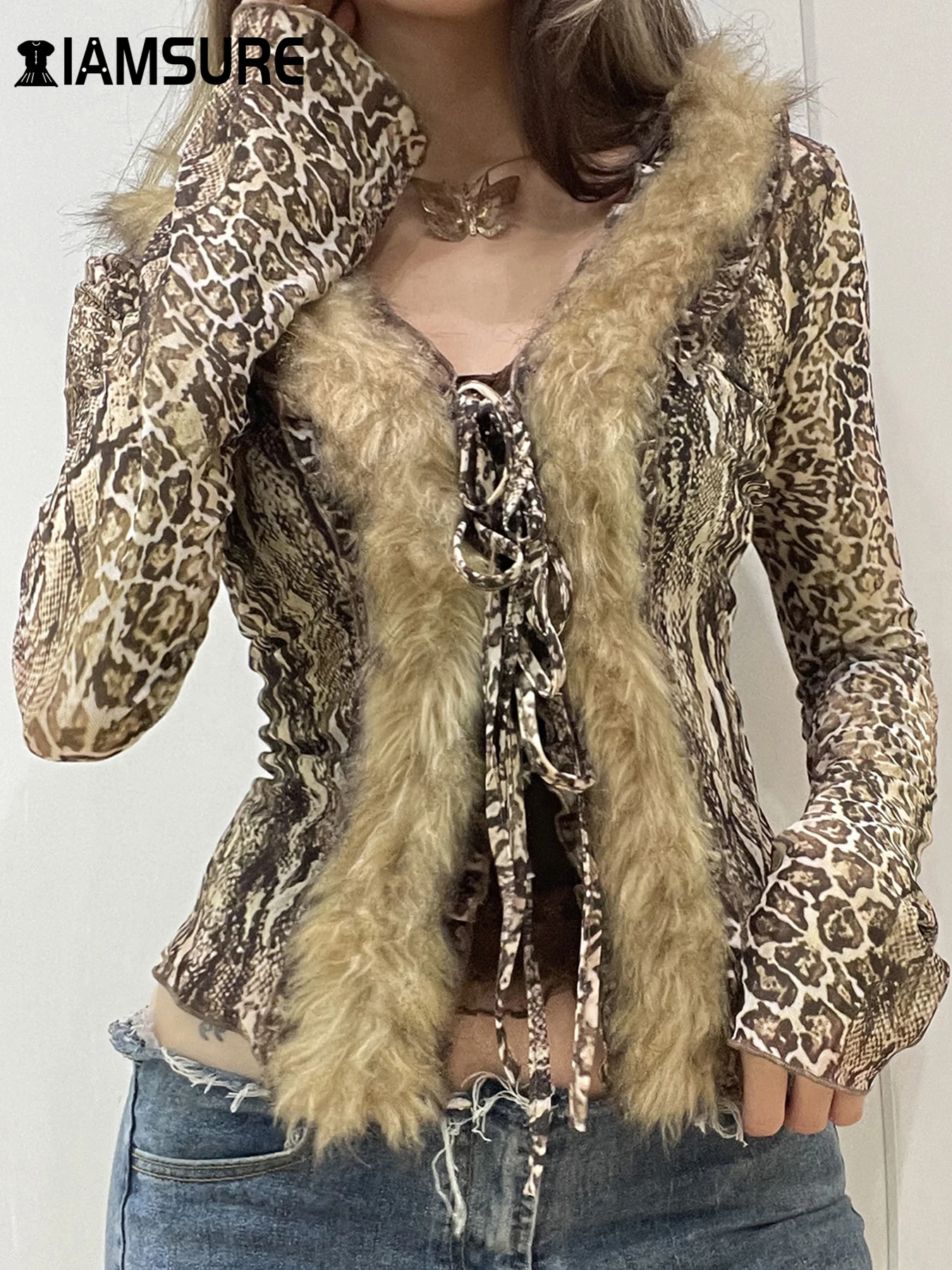 IAMSURE Casual Leopard Fur Trim Mesh Shirt See Through Slim Bandage V-Neck Long Sleeve Blouse Women 2024 Autumn Spring Fashion