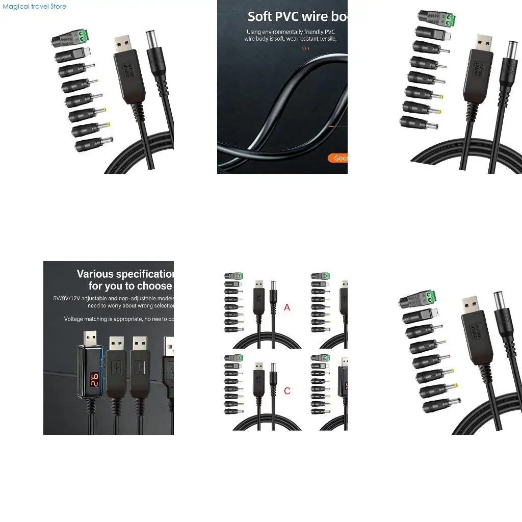 N2UB PVC USB to DC5.5mm 5V/9V/12V Stepping Up Converters Cable 8 Adapters for Camera Use