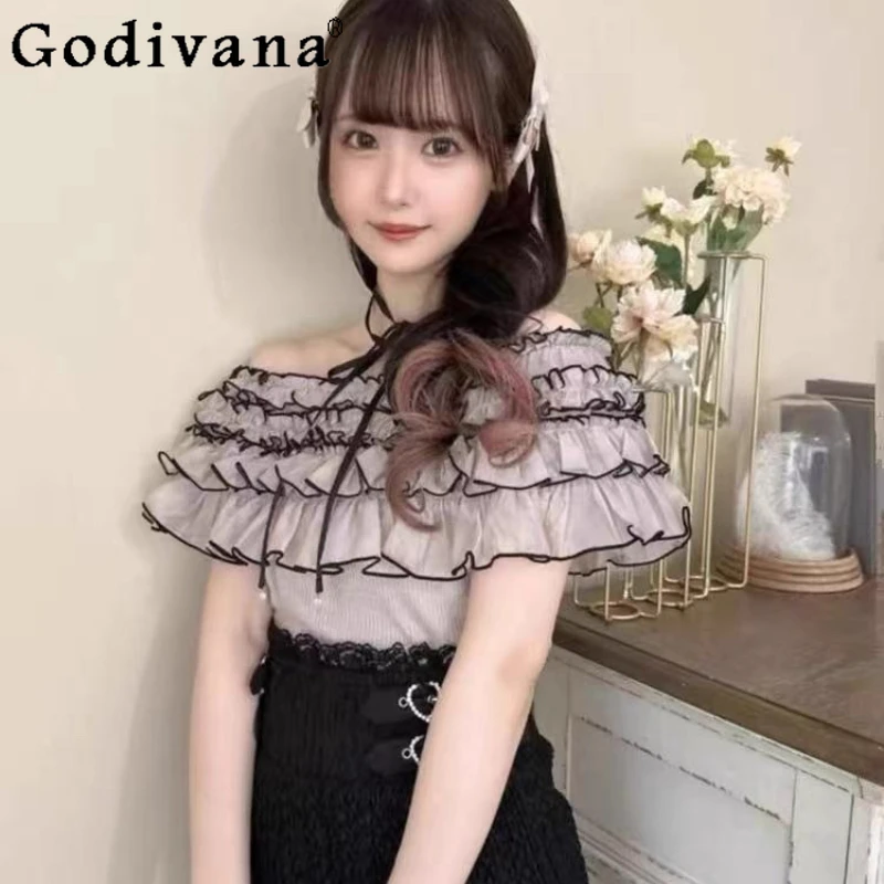 

Japanese Sweet Cute Ruffle Edge Knitted Top Spring Autumn New Women's Slim Fit Elegant Versatile Off-Shoulder Top Ladies Shirt