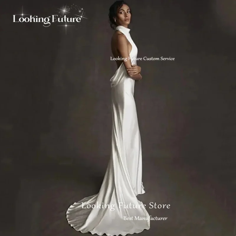 Customized Simple Mermaid White Wedding Dress Sexy Backless Bridal Halter Sleeveless Gown Vestido Elegant Floor-Length 2025