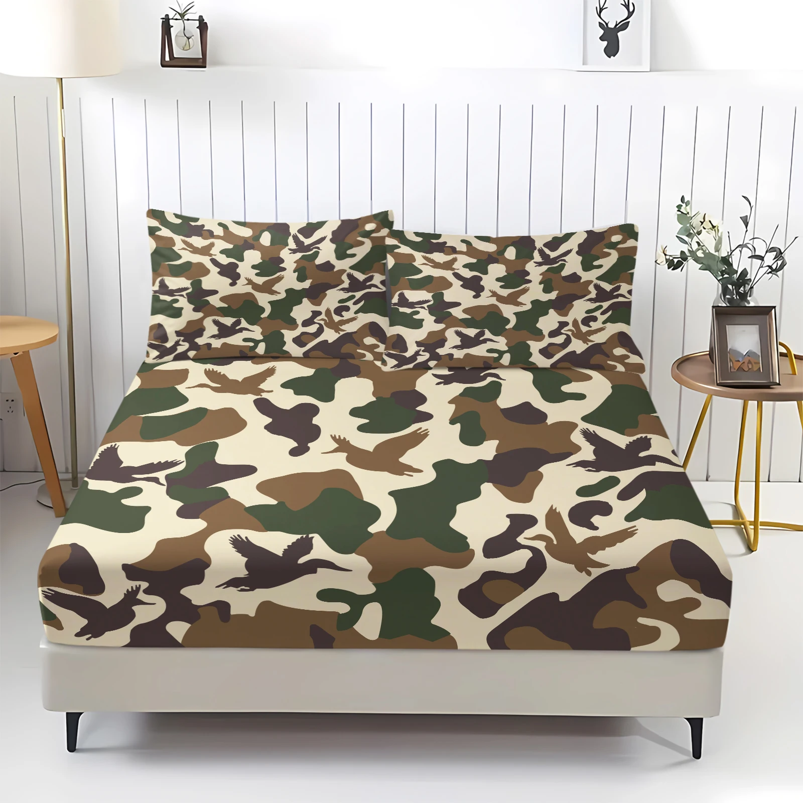 Hunting Camouflage Duck Bird Print Fitted Sheet Set Elastic Deep‑Pocket Mattress Cover Soft Polyester Bedding With Pillowcases