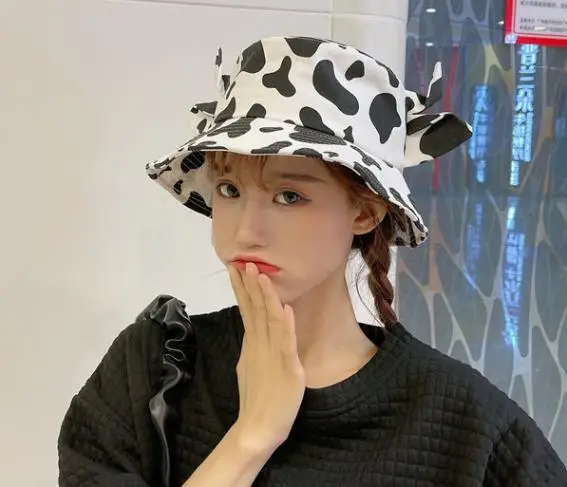 

Cute Cow Print Bucket Hat Horns Korean Style Summer Outdoor Cartoon Cow Pattern Fashionable Fisherman Hat Fun Hats for Adults