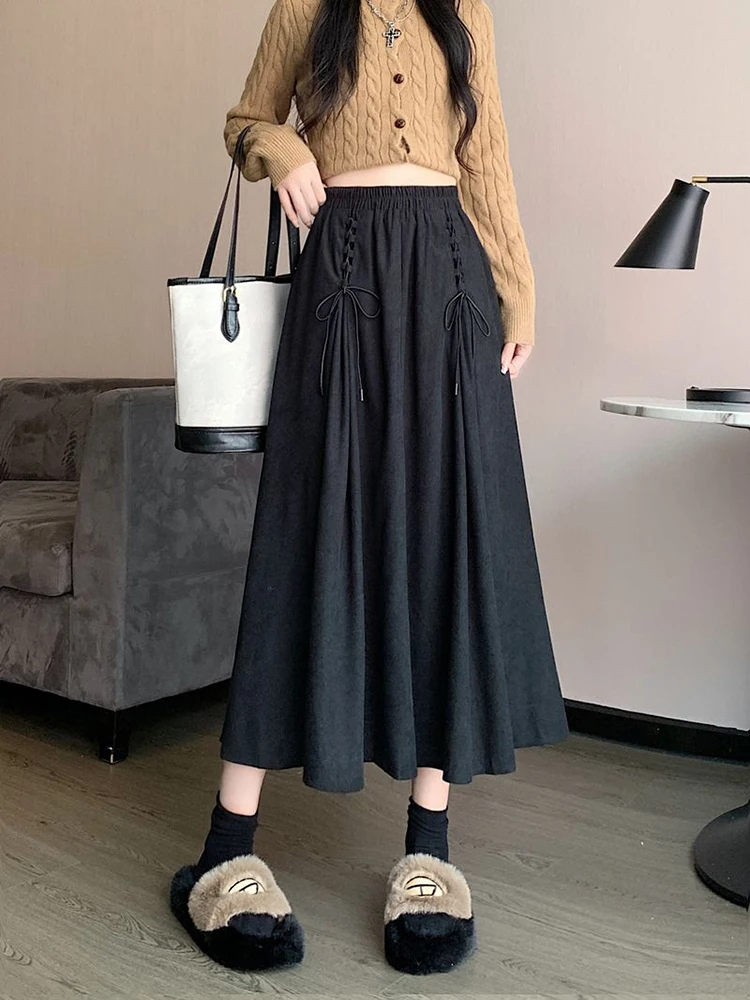 Vintage Corduroy Women Midi Skirts Y2K Autumn Winter High Waist Lace Up Pleated Skirt Ladies Streetwear All Match A Line Skirts