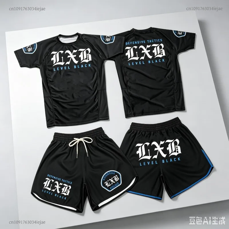 Summer Quick Drying Black Boxing Rash Guard Set Jersey Fighting T-shirt and Shorts Combo for Fitness Adults Kid