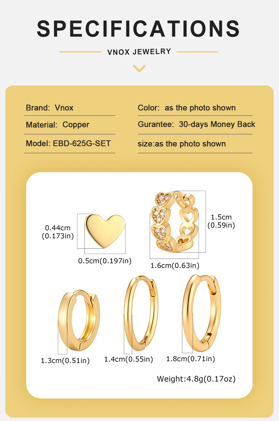 Vnox Vergoldetes Minimalistisches Creolen-Set für Damen, Trendige Schleifen-, Herz- und Kreis-Huggie-Ohrringe, Niedlicher Stapelbarer Alltagsschmuck – Detail 6