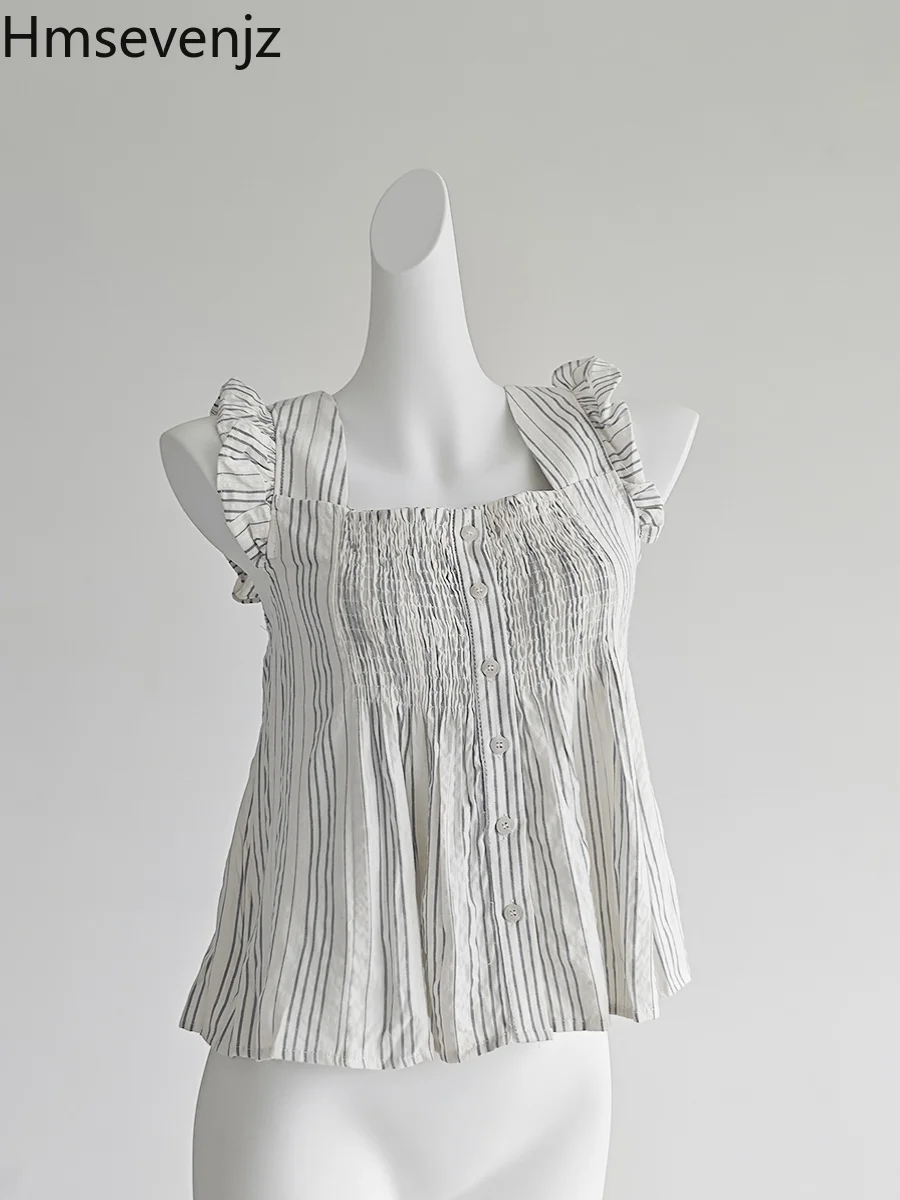 

Hmsevenjz French Blue Striped Flying Sleeve Shirt Women Summer Loose Square Collar Doll Shirt Top Fashion Female Clothes