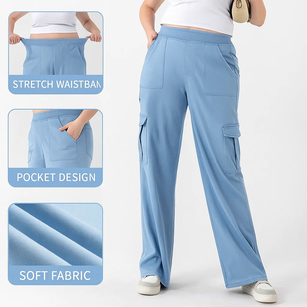 

Plus Size Flex Mid-Rise Straight Leg Casual Cargo Jeans with Pockets Women's Comfortable Stretch High-Waisted Denim Pants