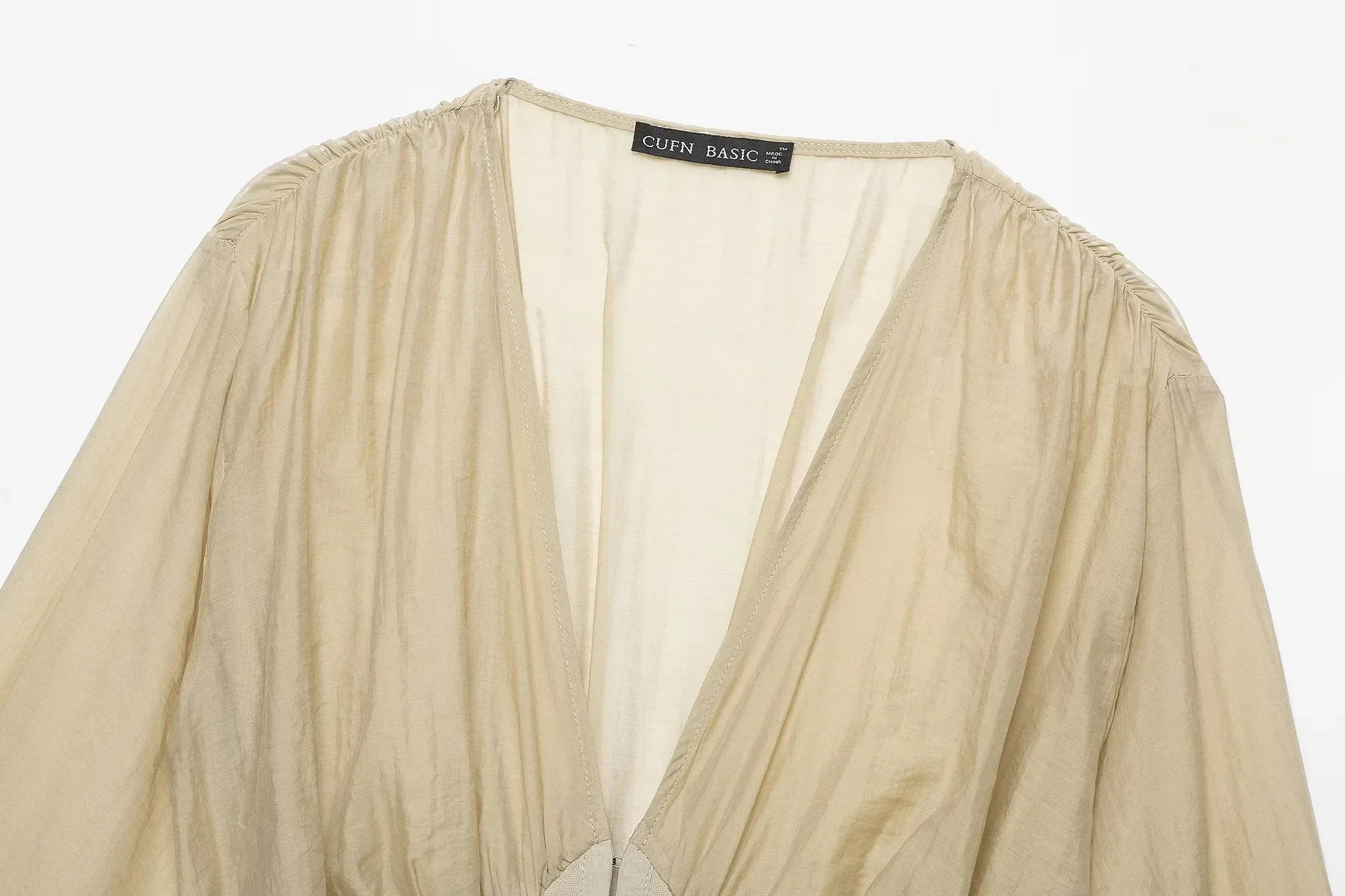 Herbst Damen Beige Korsett Slim Bluse Tiefer V-Ausschnitt Laternenärmel Oberteil Damen Kurzes Korsett-Top Elegantes Sexy Langarm-Damenhemd – Detail 10