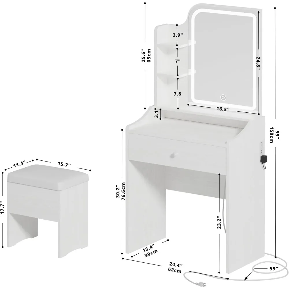 Small Makeup Vanity Desk with Mirror and Lights, Vanity Table Set with Storage Drawer & Chair & 3 Shelves, Bedroom