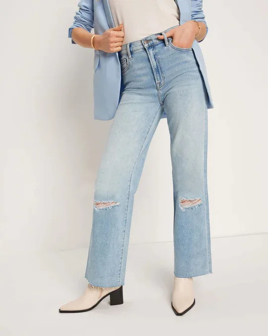 

European and American Fashion Washed Ripped Nine-inch Jeans, New Casual Loose Straight-leg Jeans for Women in Spring and Summer