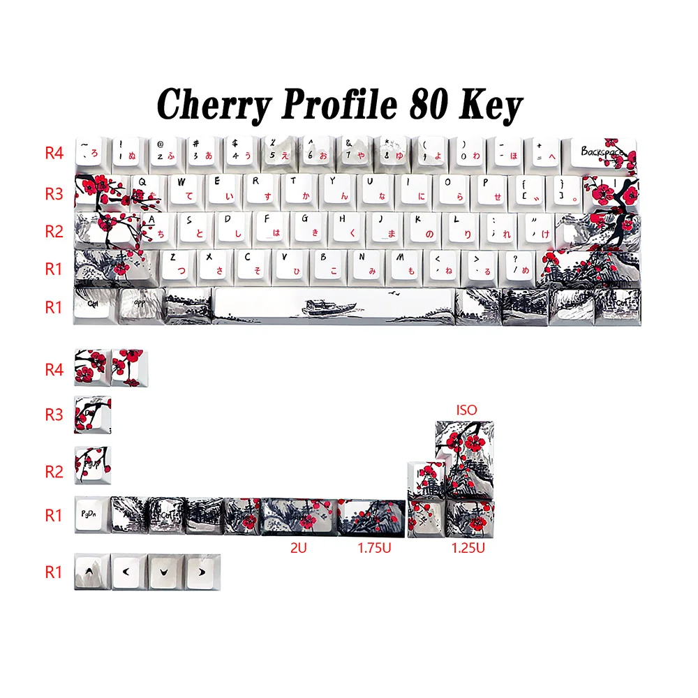 German French Spain ISO Dye Sub Keycaps Plum Blossom 80 Keys Cherry Profile Keycap For QWERTZ AZERTY 61 64 67 68 Keyboard Keys