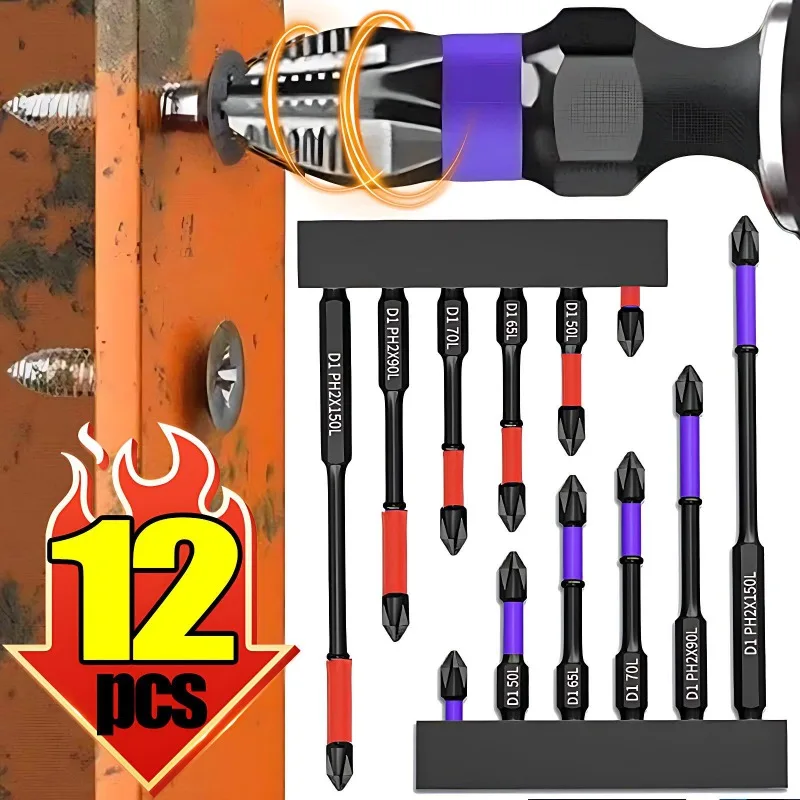 

12/6 шт., ударная магнитная отвертка, противоскользящая крестовая головка, сильное магнитное сверло, черная магнитная электрическая дрель, отвертка