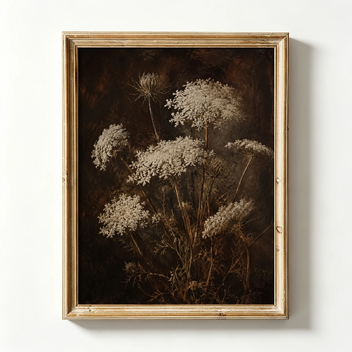 (No frame)2D Flat, Dark Botanical Queen Anne's Lace - Vintage Vertical Still Life Canvas Print Suitable for Dark Academia, Fa