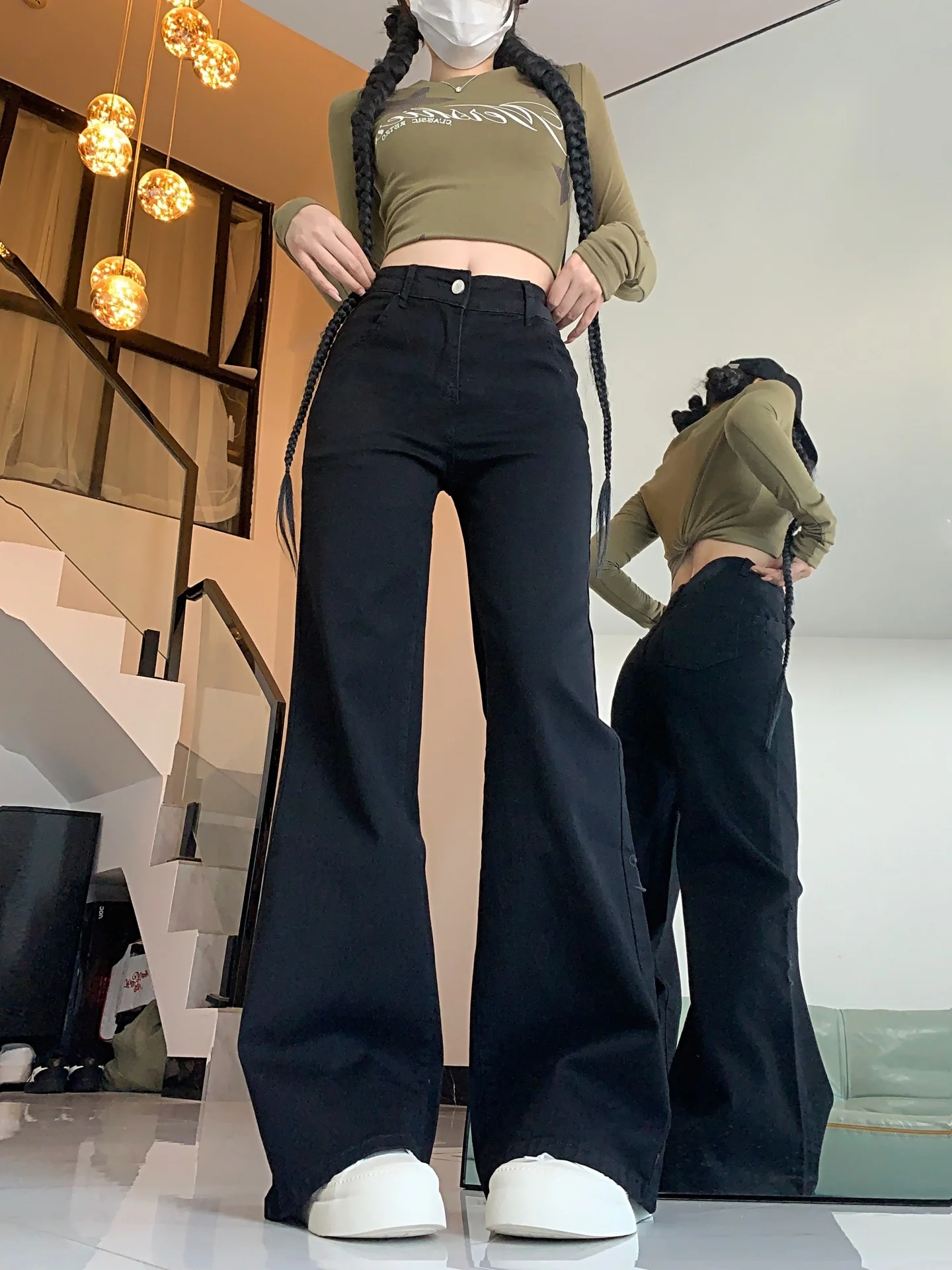 Fce Lined Thiened High Waist Bell Bot Jeans Women's Autumn Winter New plus Size Loose Slimming Long Pants