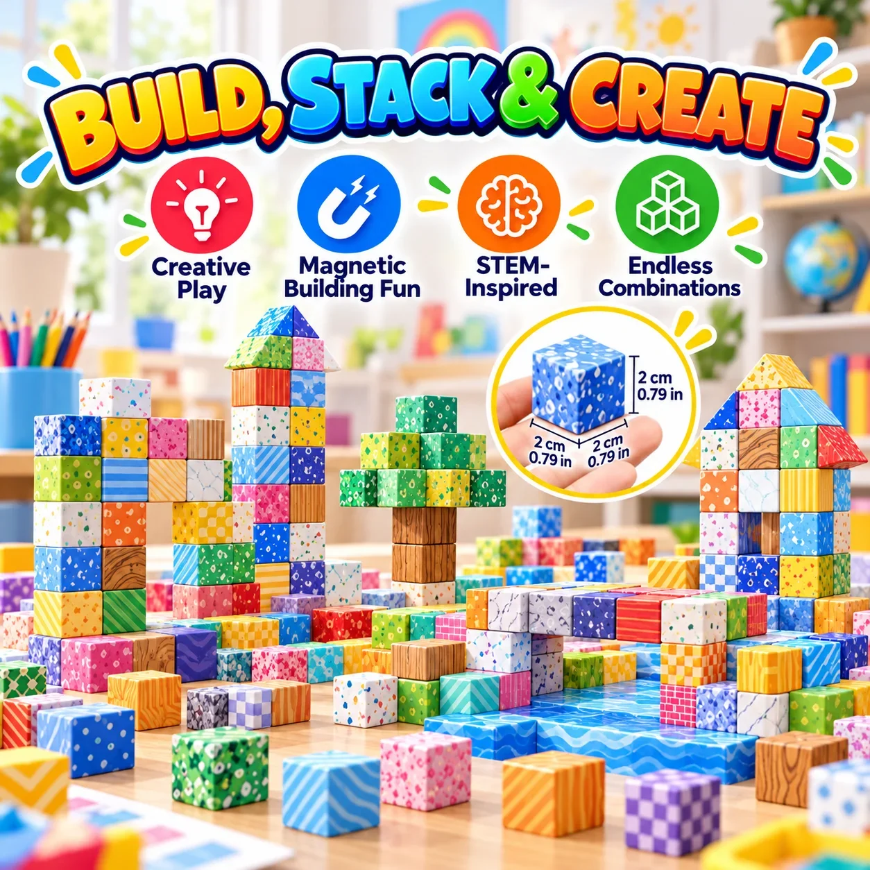 100 Piece Magnetic Tiles 3D Building Blocks Construction Set Geometry Shapes Creative Design DIY Structures Novelty Gift