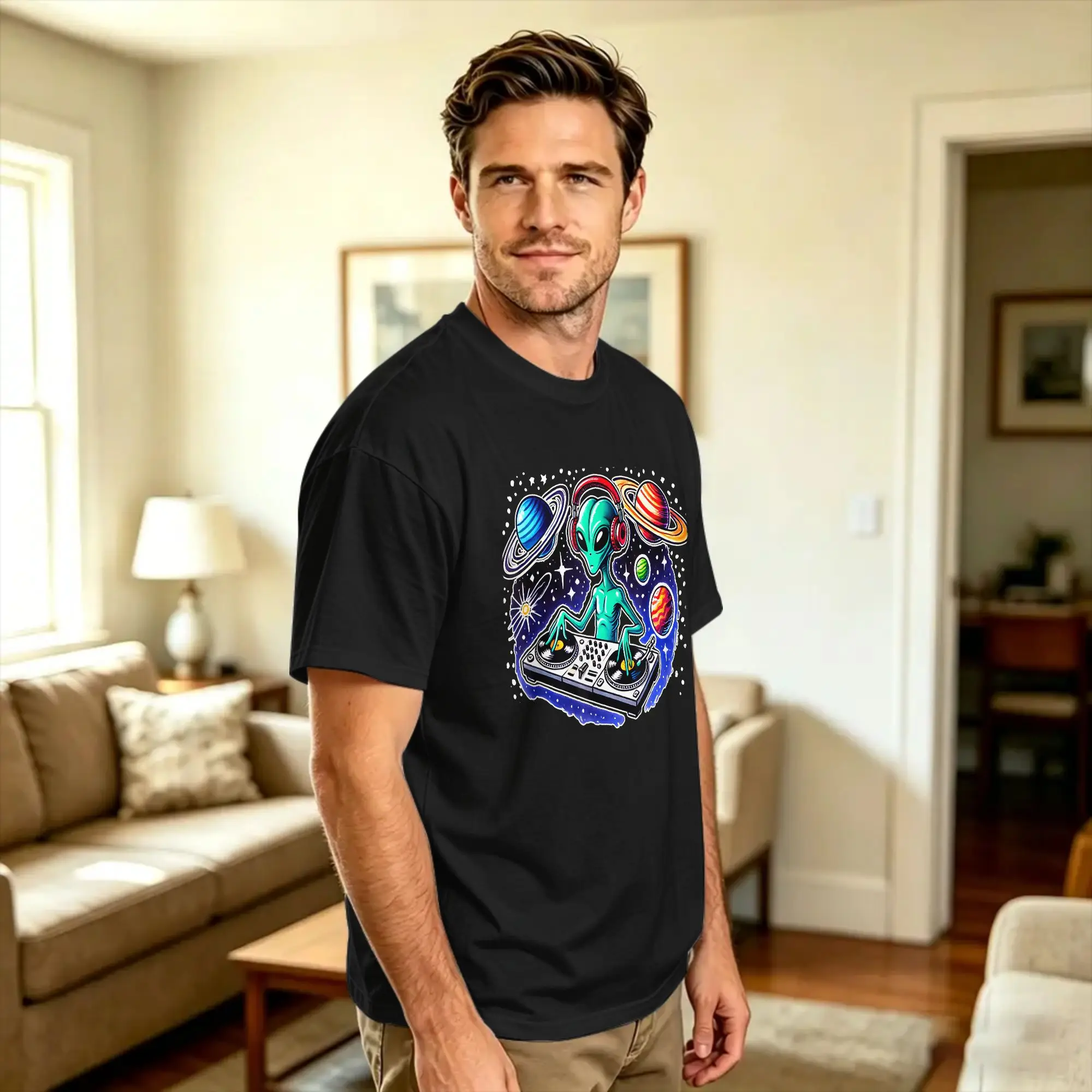 Alien DJ Funny Cosmic Space Rave EDM Music Cotton T-Shirt For Adult Summer  Vintage T-Shirts Trending Tee Shirt Plus Size Tops