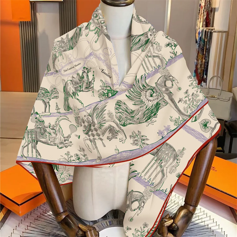 POBING 30% Silk 70% Cashmere Scarf Women Hand Rolled Horse Printed Square Scarves Wraps Bandana Big Hijabs Female Foulard 135CM