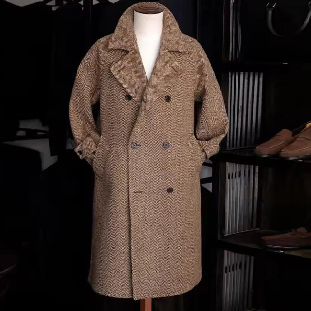 

Autumn Men's Suit Jackets Tweed Herringbone Windproof Warm Coat Double Breast Overcoat Long Customized Groom Tuxedos Outfits