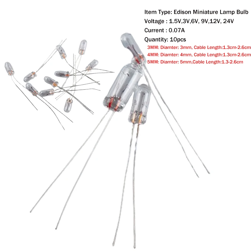 10pcs/set Mini 0.07A 3/4/5mm 1.5V 3V 6V 9V 12V 24V Lamp Light Bulb Edison Incandescent Filament Rice Accessories