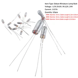 10 sztuk/zestaw Mini 0.07A 3/4/5mm 1.5V 3V 6V 9V 12V 24V żarówka Edison żarówka ryżowa akcesoria