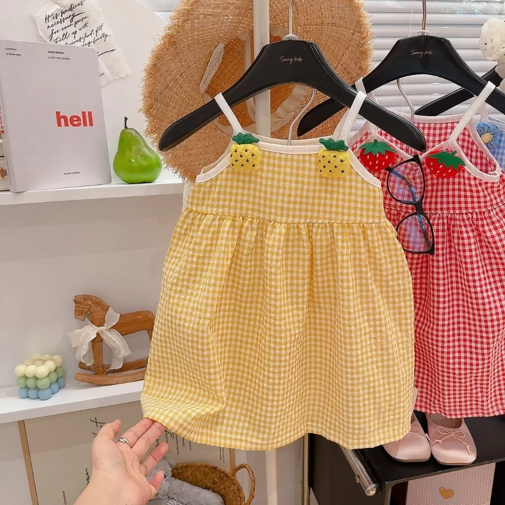 Gingham Pattern Girls Summer Dress Spaghetti Straps Soft and Breathable Kids Strap Dress Fruit Applique Gathered Skirt