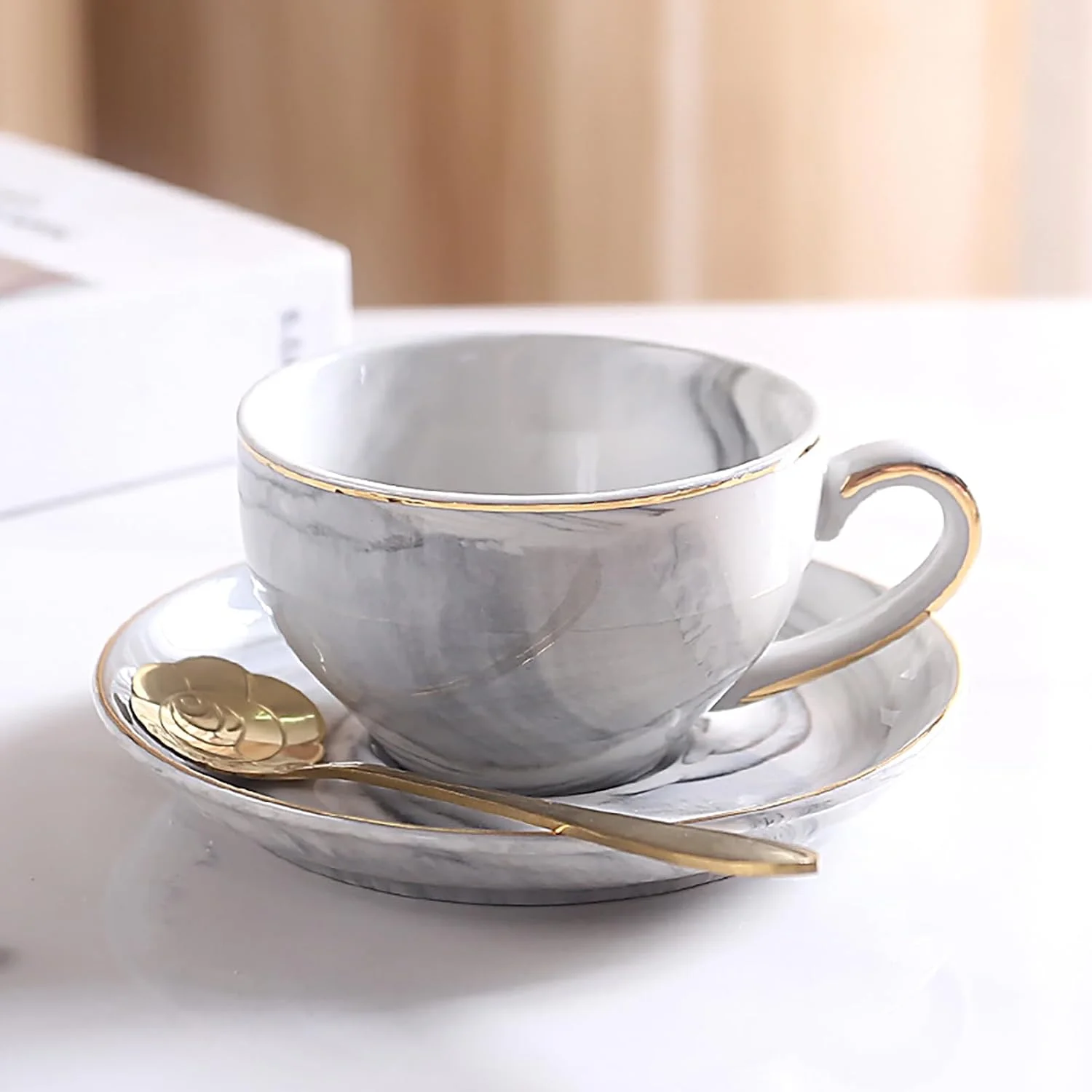 Marbled Ceramic Coffee Cup and Saucer Set, Espresso Coffee Cup with Spoon, Gold Painted Coffee Mugs Set 4oz / 120ml for Coffee,
