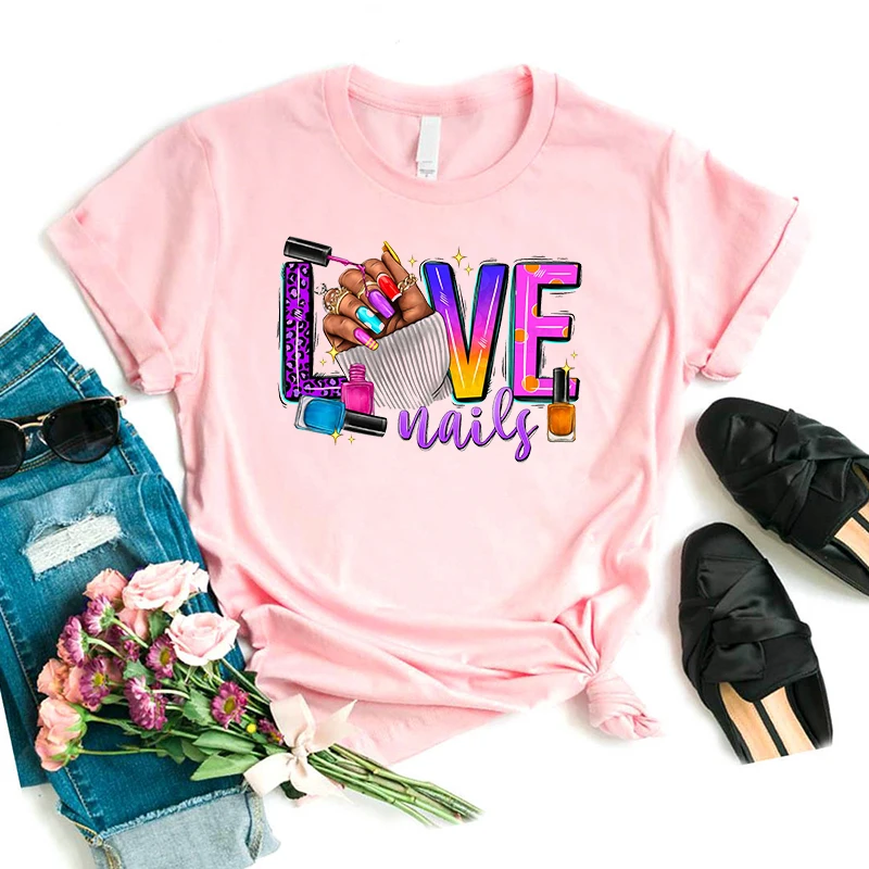 

Colorful Love Nail Graphic Printed Tshirt Women'S Clothing Summer Fashion Short Sleeve T-Shirt Femme Harajuku Shirt