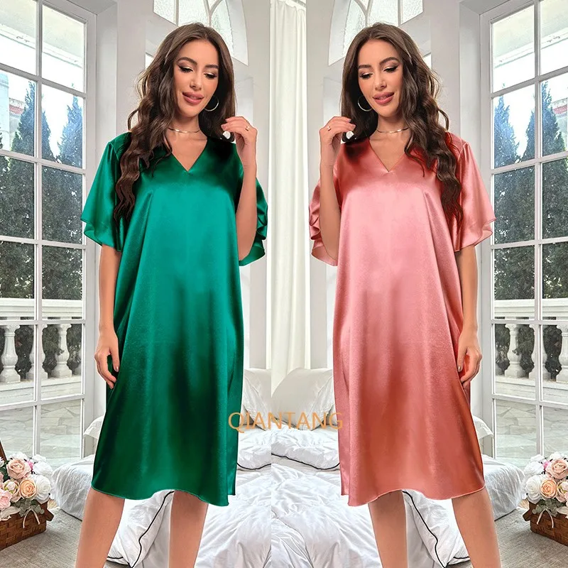 

Women Nightdress V-Neck Sleepwear Satin Sleep Dress Intimate Lingerie Short Sleeve Nightgown Summer Loose Home Dressing Gown