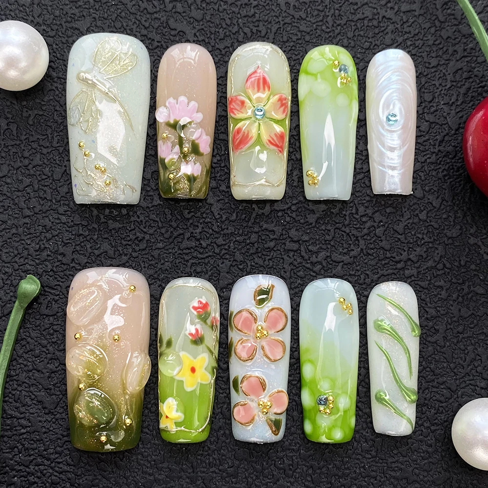 

10PCS Opulent Hand Crafted Luxury Coffin Nails Press on Glossy UV Gel Carved Handmade Reusable Fingernails Y2K Manicure Art
