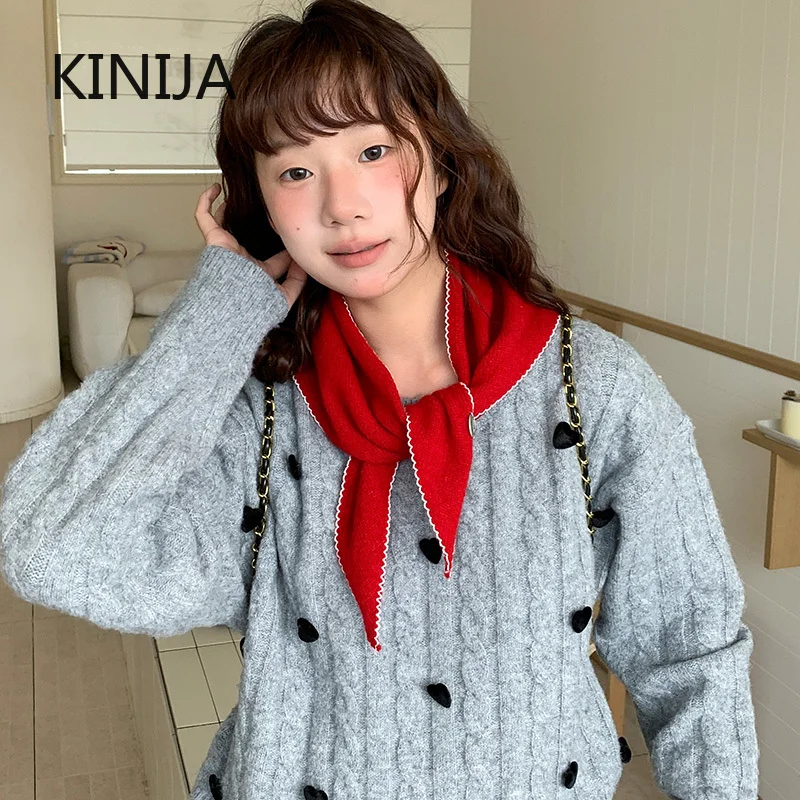 100%Wool Korean Style Knitted Triangular Scarf for Women Winter Warm Headscarf Shawl Sold Color Neckerchief Kerchief