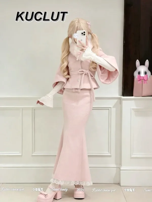 Girl Three-Piece Set for Women Autumn Winter Sweet and Cute Base Layer Pink Elegant Woolen Coat Waist-Tie Fishtail Skirt Set