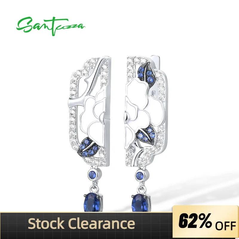 

SANTUZZA 925 Sterling Silver Dangling Earrings For Women Blue Stone Oriental Peony Flower White Enamel Fine Jewelry Handmade