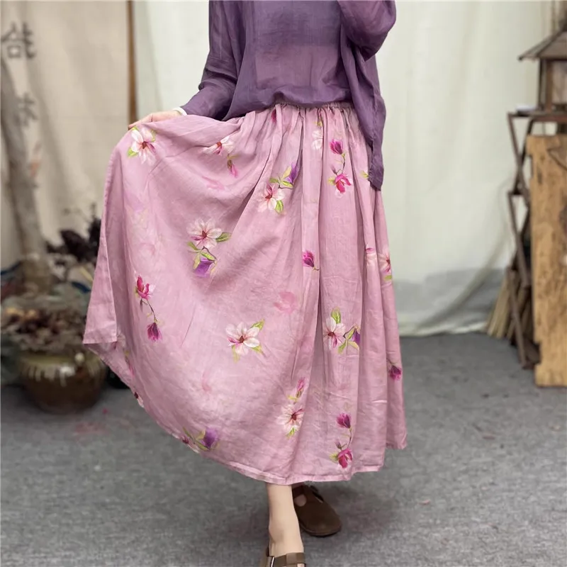 Summer Ethnic Pink Flower Printed Skirt Women Draping Large Swing Elastic Waist Long Skirts Thin Soft Linen Skirt