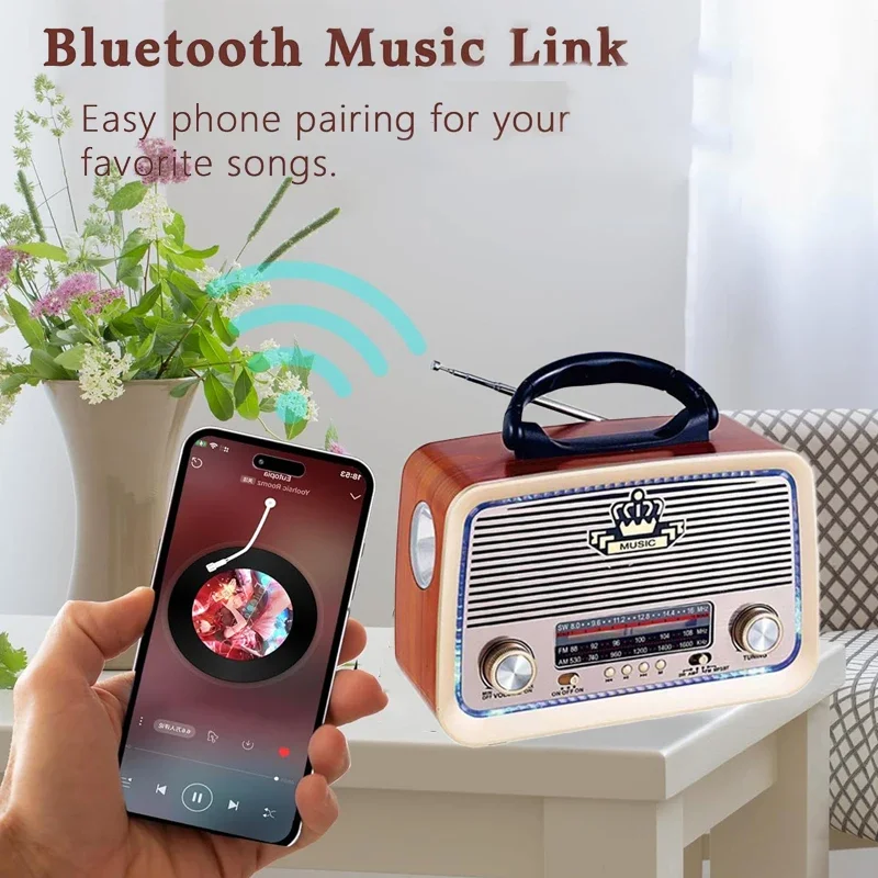 Портативный классический винтажный радиоприемник FM AM SW радиоприемник беспроводной Bluetooth динамик перезаряжаемый/220 В переменного тока светодиодный фонарик