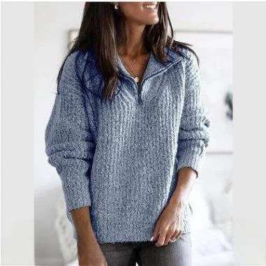 

Women's Zipper Pullover Long Sweater Knitted Knitwear Winter Warm Color Polyester Fiber Full Sve Casual Top
