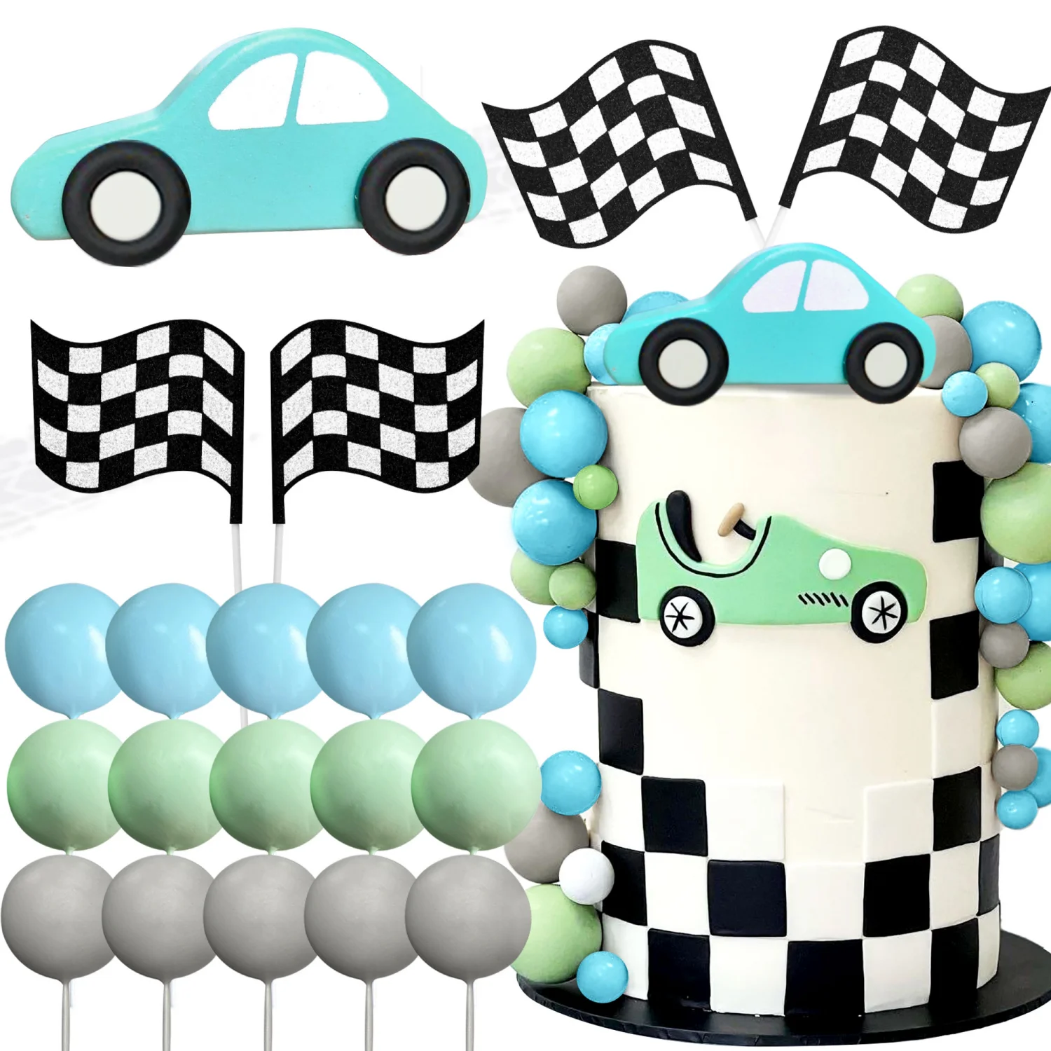 LaVenty Two Fast Cake Topper coche de carreras pastel coche pastel Topper bandera a cuadros pastel Topper creciente hasta dos decoraciones rápidas