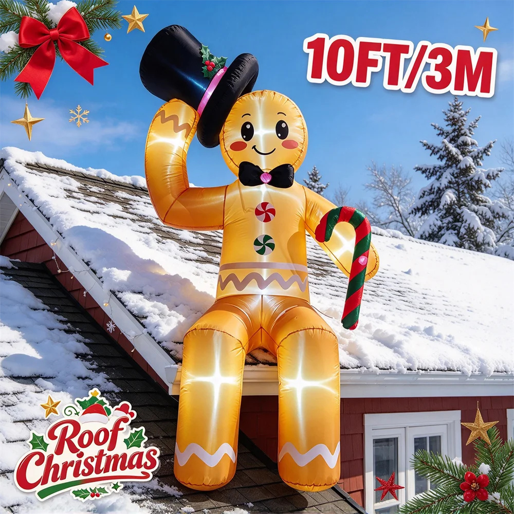 10FT Christmas Inflatable Outdoor Decoration Giant Gingerbread Man Blow Up Model Built-In LEDs For Holiday Garden Roof Yard
