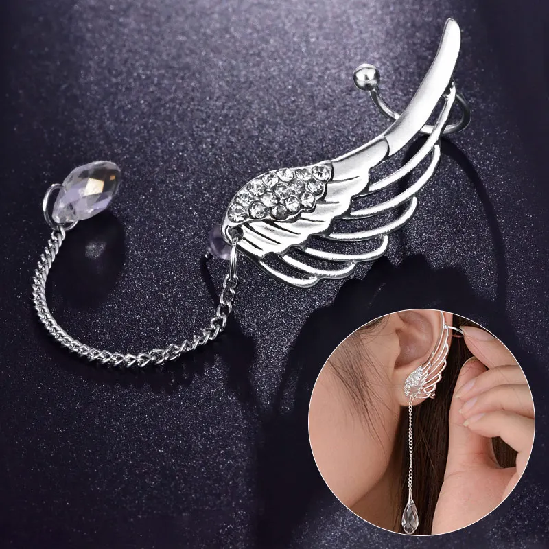 Angel Wings Crystal Earrings for Women Silver Plated Drop Dangle Ear Stud Long Cuff Clip on Earrings Bohemia Tassel Ear Jewelry