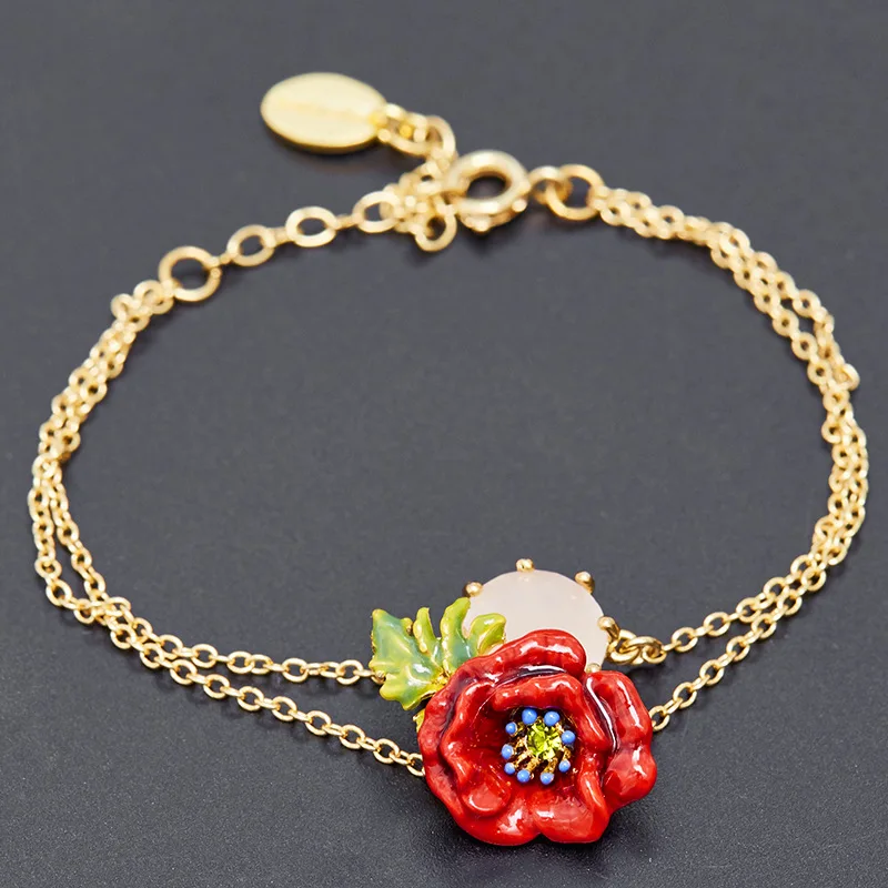 

Fashion Sweet Red China Rose Flower Drip Oil Charm Pendant Double Chain Bracelet Nice Handmade Enamel Pink Opal Glass Cab Inset