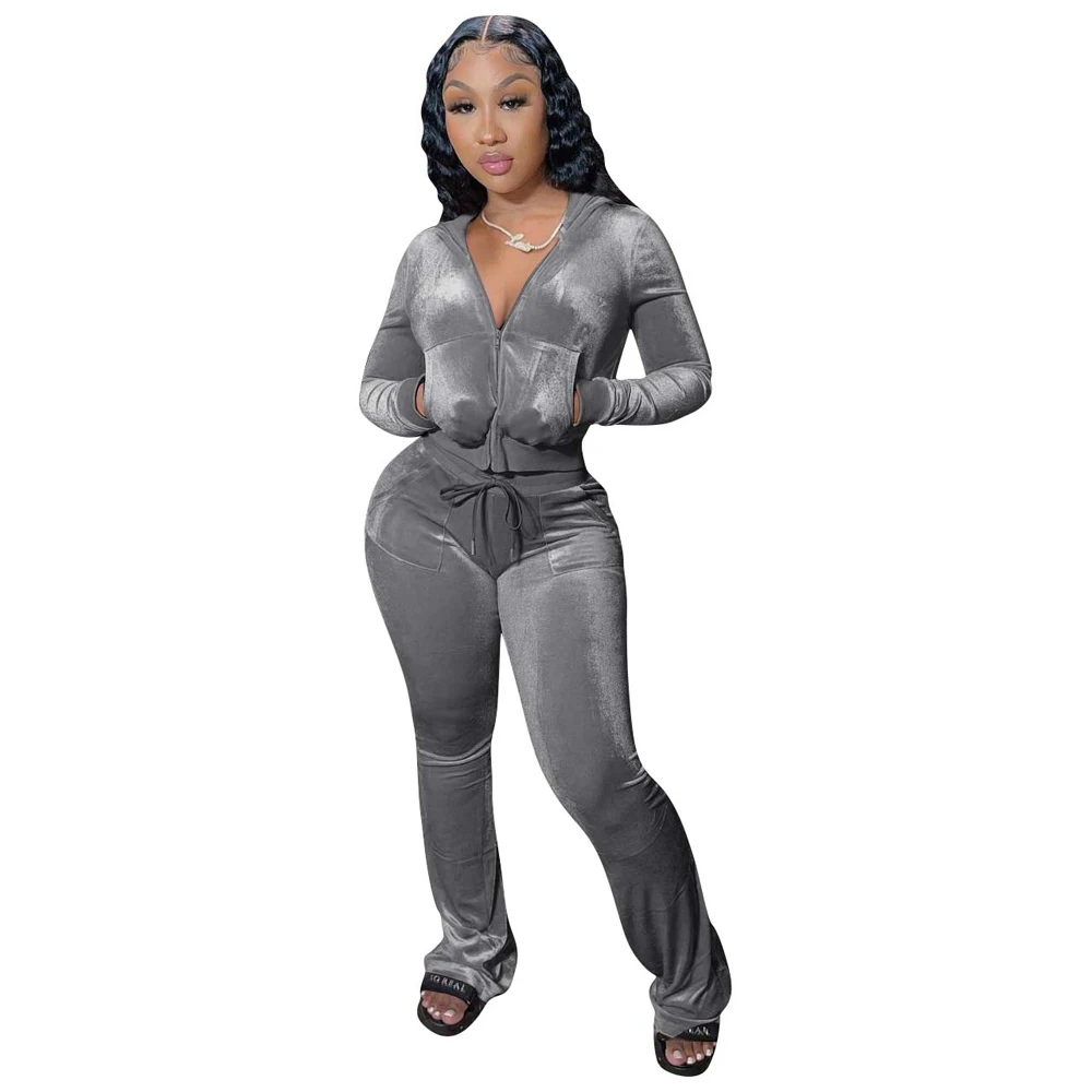 JENYAGE Damen Y2K Einfarbiger Velours Zweiteiler Trainingsanzug mit Reißverschluss-Kapuzenjacke und ausgestellter Hose mit Kordelzug, lässiger Jogginganzug – Detail 9