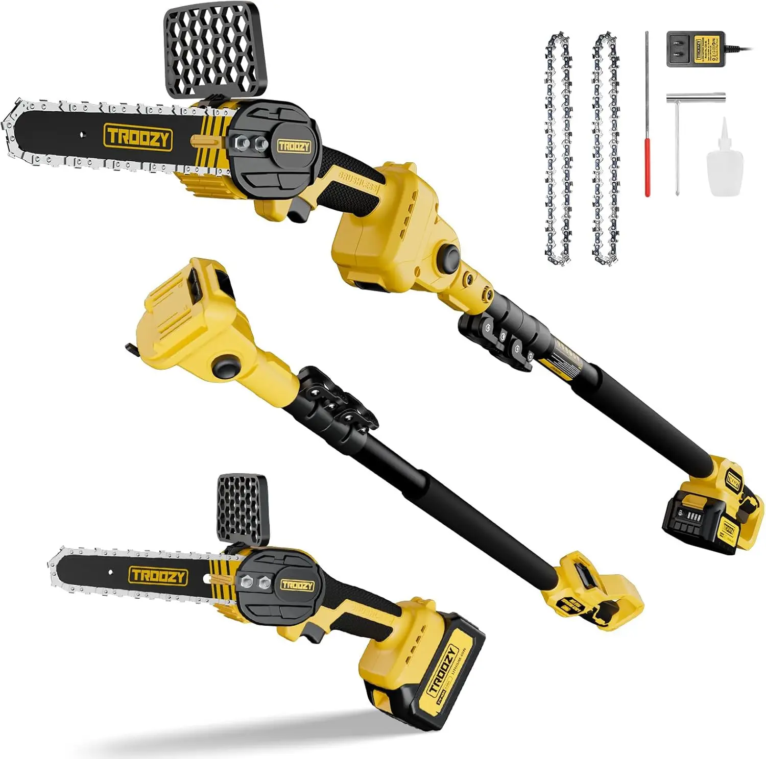 

Cordless Pole Saw & Mini Chainsaw 2-IN-1, 21V 3Ah Battery Powered 6 Inch Brushless Electric Rotatable Pole Saw,