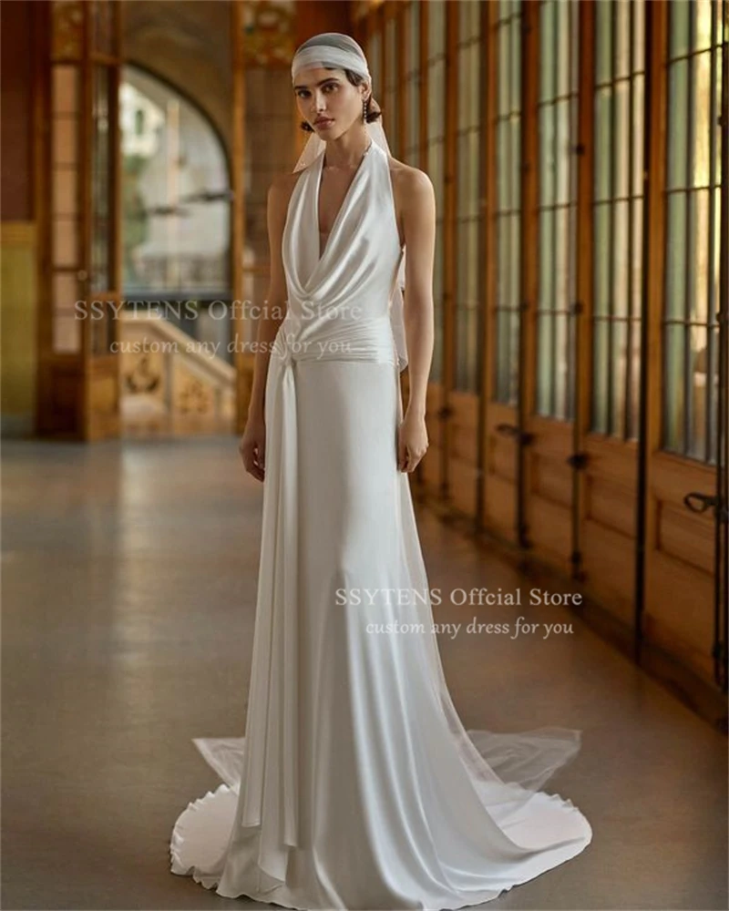 SSYTENS Maßgeschneidertes Meerjungfrau-weißes Hochzeitskleid für Damen, sexy rückenfreies Brautkleid, Strandhalter, ärmelloses Kleid, Robe Femme Diegogante