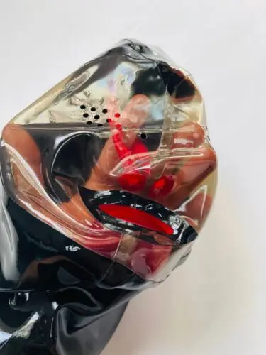 

Black Latex Hood Transparent black Mask w/ 15CM nose tube teeth mesh eyes